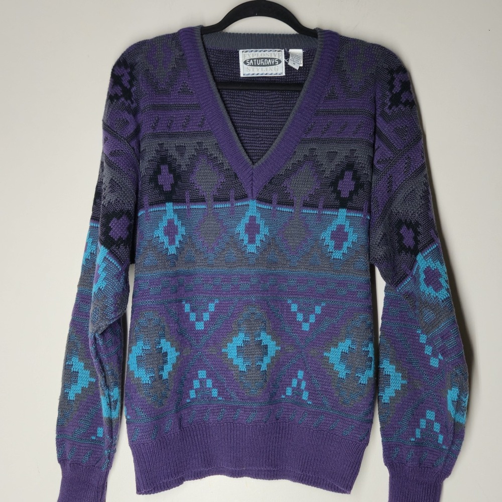 Vintage 90s Baggy Sweater Kurt Cobain Grunge Size Medium Purple Aztec